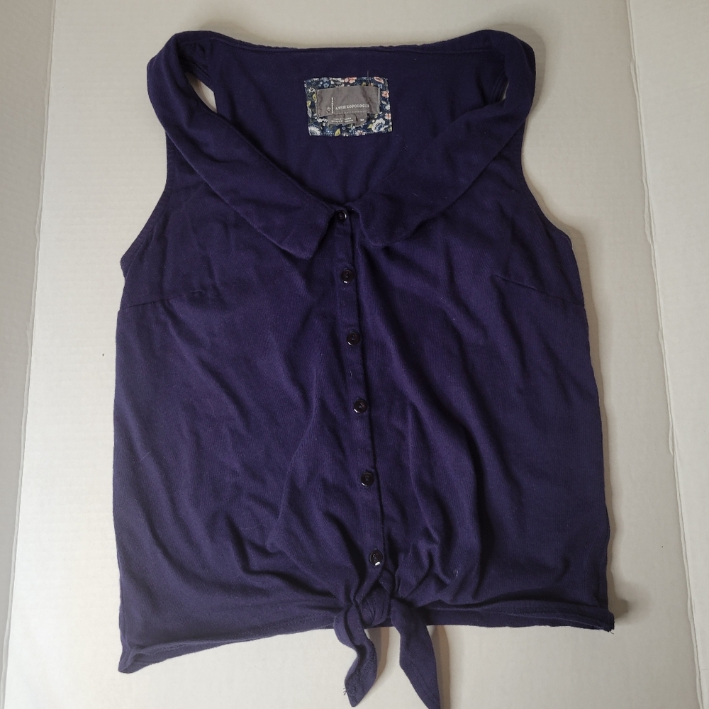 ANTHROPOLOGIE size XS blue button up sleeveless vest with tie at bottom